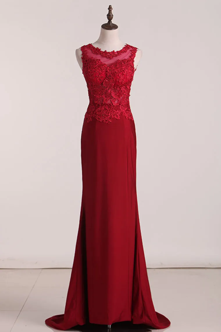 2024 Open Back Scoop Prom Dresses Spandex Mermaid With Applique