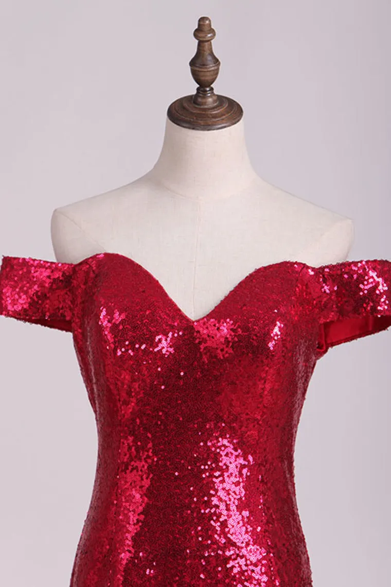 2024 Sexy Off The Shoulder Prom Dresses Sheath With Slit Sequins