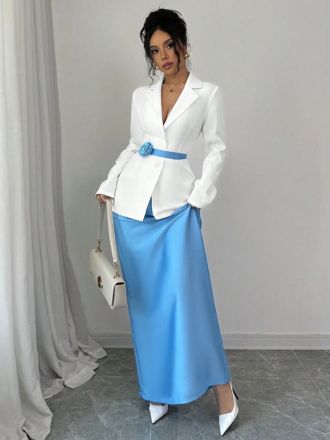 2pcs Set Women Elegant Collared Jacket & A-Line Skirt With Floral Buttons Design