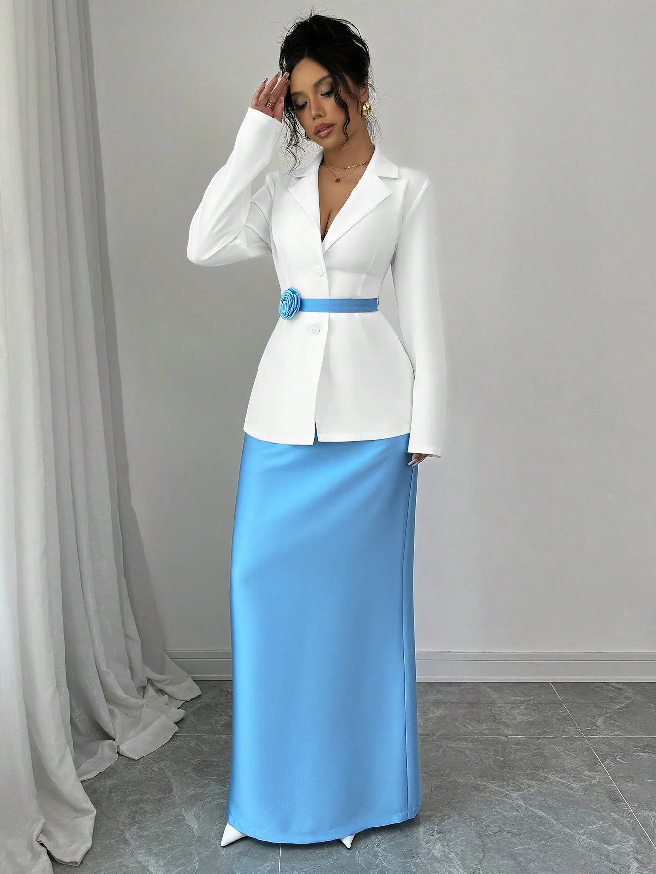 2pcs Set Women Elegant Collared Jacket & A-Line Skirt With Floral Buttons Design