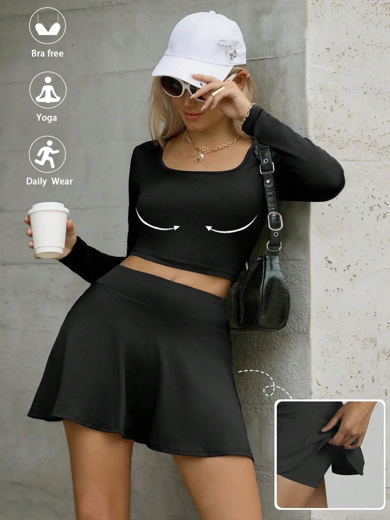 2pcs Women Sports Solid Square Neck Padded Long Sleeve Tee & Loose Shorts Skirt Set
