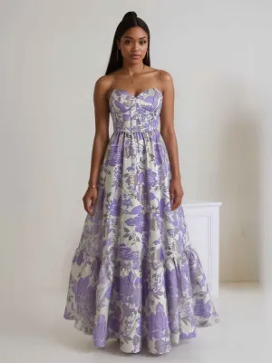 Aliza Chic Strapless Floral Chiffon Long Prom Dresses