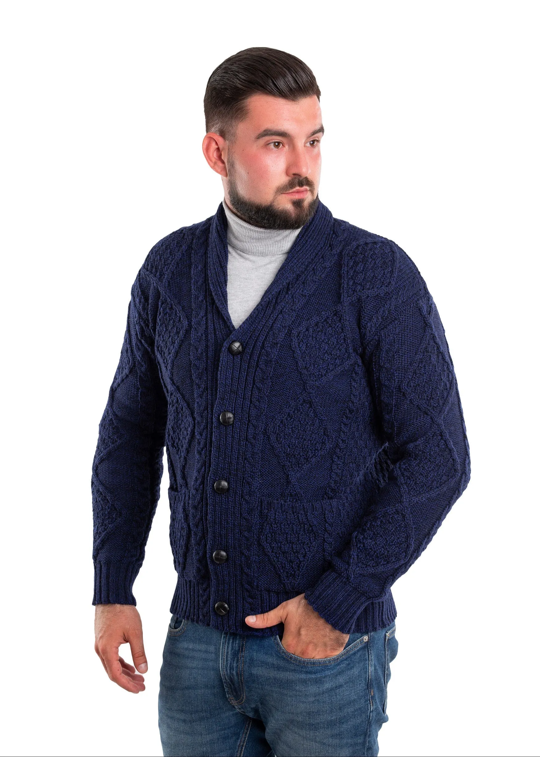 Aran Men's Shawl Button Cardigan | Blue