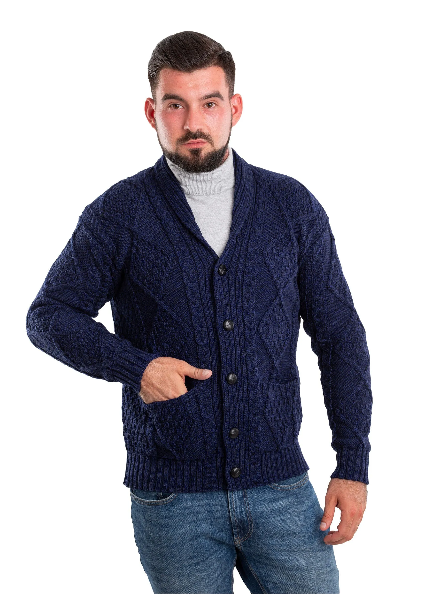 Aran Men's Shawl Button Cardigan | Blue