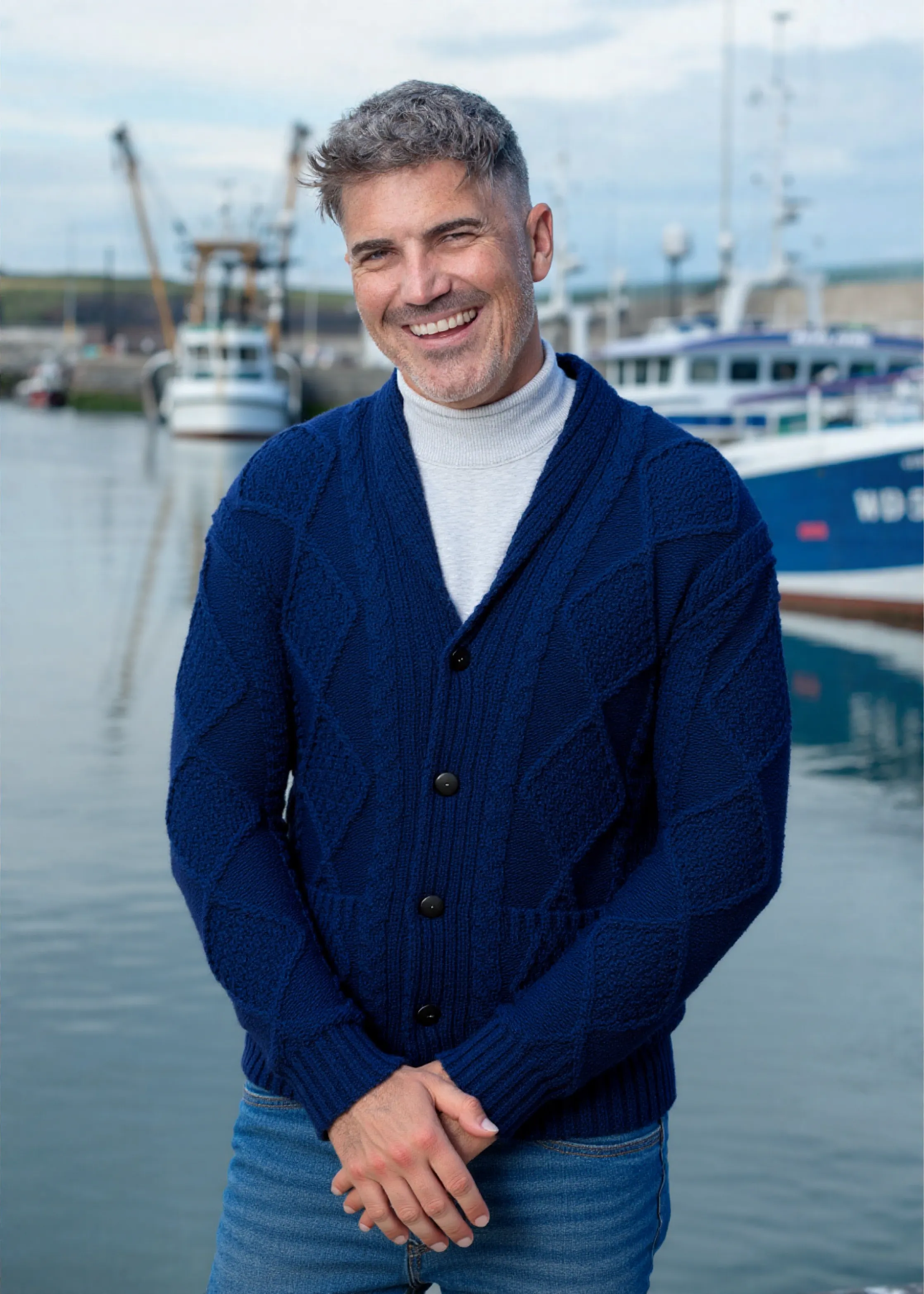 Aran Men's Shawl Button Cardigan | Blue