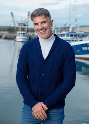 Aran Men's Shawl Button Cardigan | Blue
