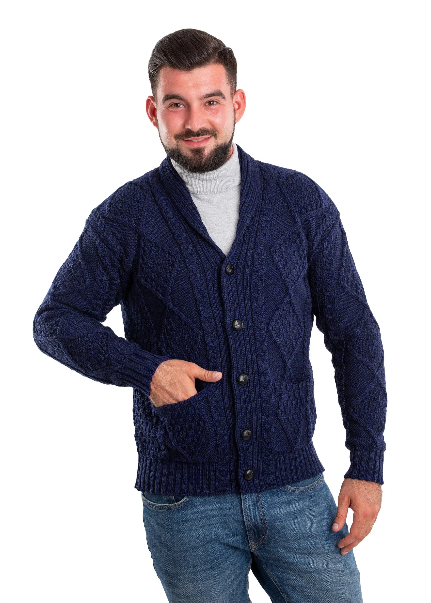 Aran Men's Shawl Button Cardigan | Blue
