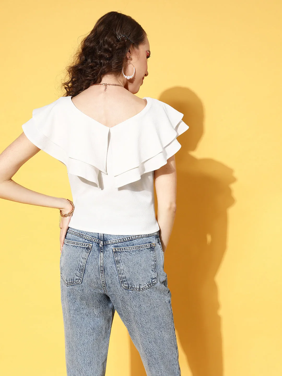 Athena Women Classic White Solid Feminine Frills Top