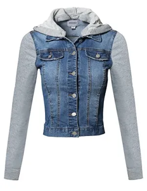 Awesome21 Casual Button Down Stretch Denim Jacket with Detachable Hoodie Blue Size S