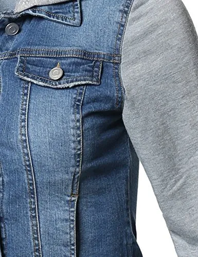 Awesome21 Casual Button Down Stretch Denim Jacket with Detachable Hoodie Blue Size S