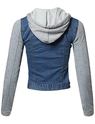 Awesome21 Casual Button Down Stretch Denim Jacket with Detachable Hoodie Blue Size S