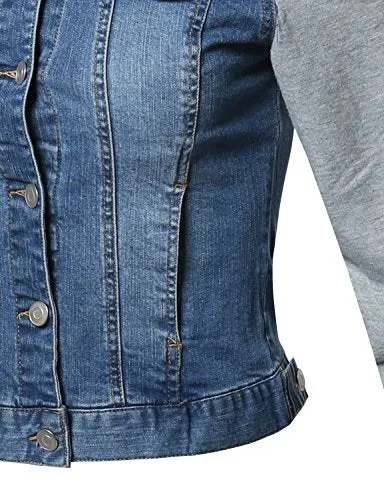 Awesome21 Casual Button Down Stretch Denim Jacket with Detachable Hoodie Blue Size S