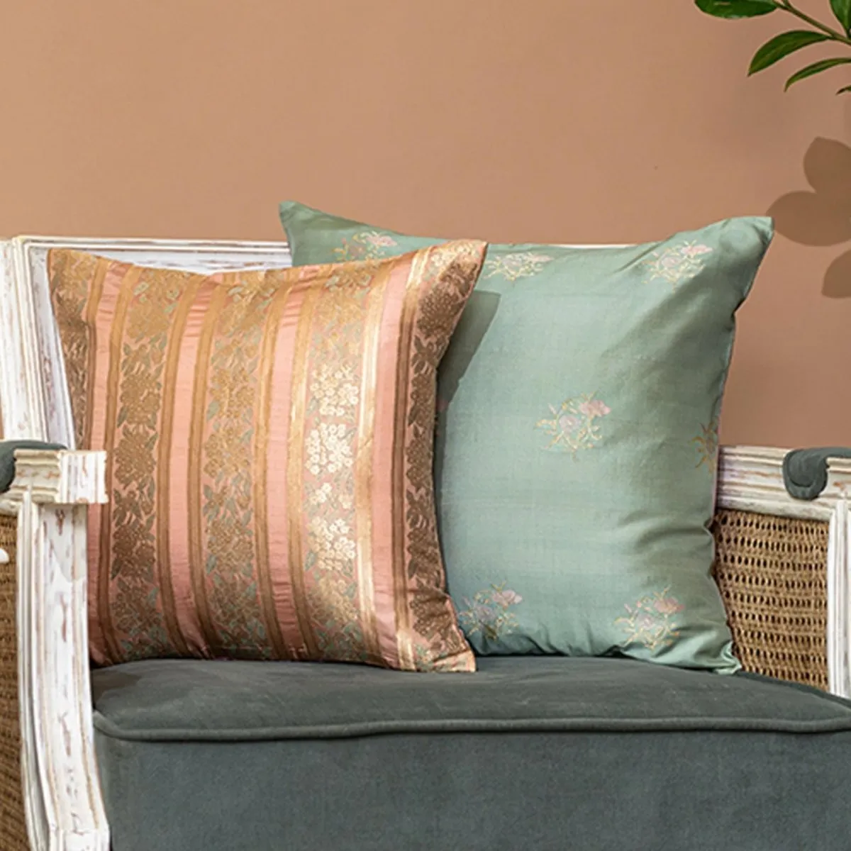 Banarasi Silk Cushion Cover in Tea-Rose