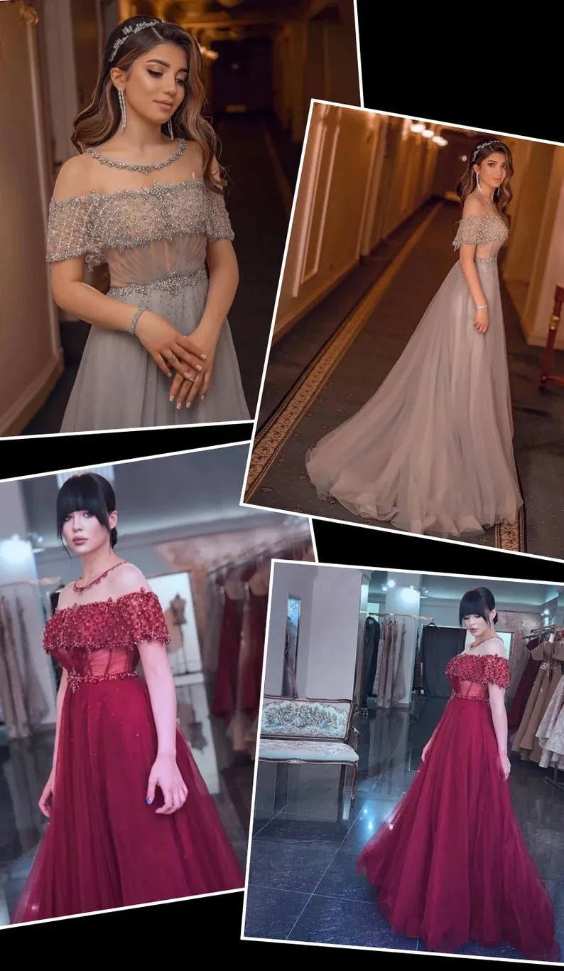 Beading Chic Sheer Neck A-Line Evening Dress Tulle Long Prom Dress