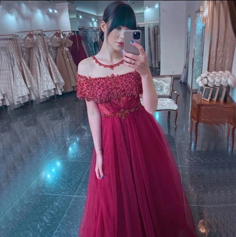 Beading Chic Sheer Neck A-Line Evening Dress Tulle Long Prom Dress
