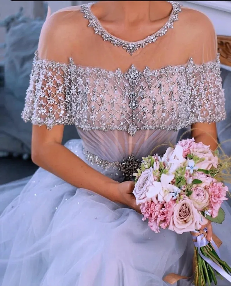 Beading Chic Sheer Neck A-Line Evening Dress Tulle Long Prom Dress