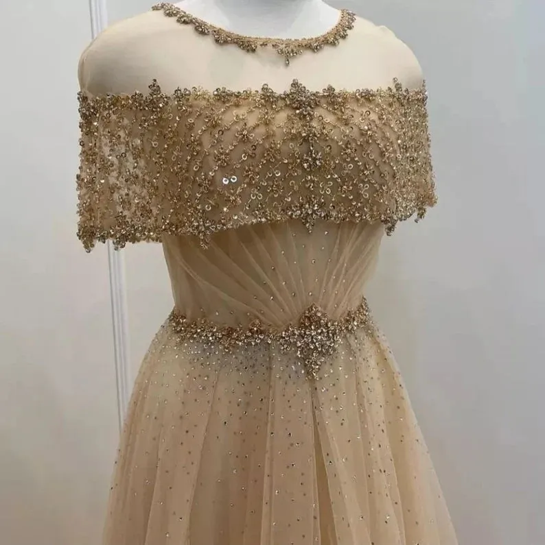 Beading Chic Sheer Neck A-Line Evening Dress Tulle Long Prom Dress
