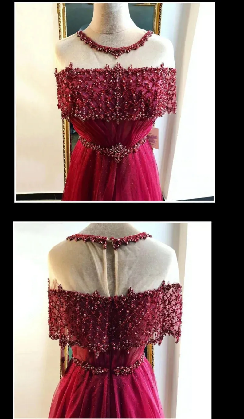 Beading Chic Sheer Neck A-Line Evening Dress Tulle Long Prom Dress