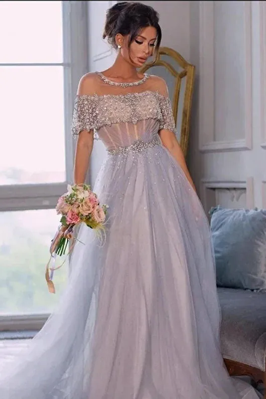 Beading Chic Sheer Neck A-Line Evening Dress Tulle Long Prom Dress