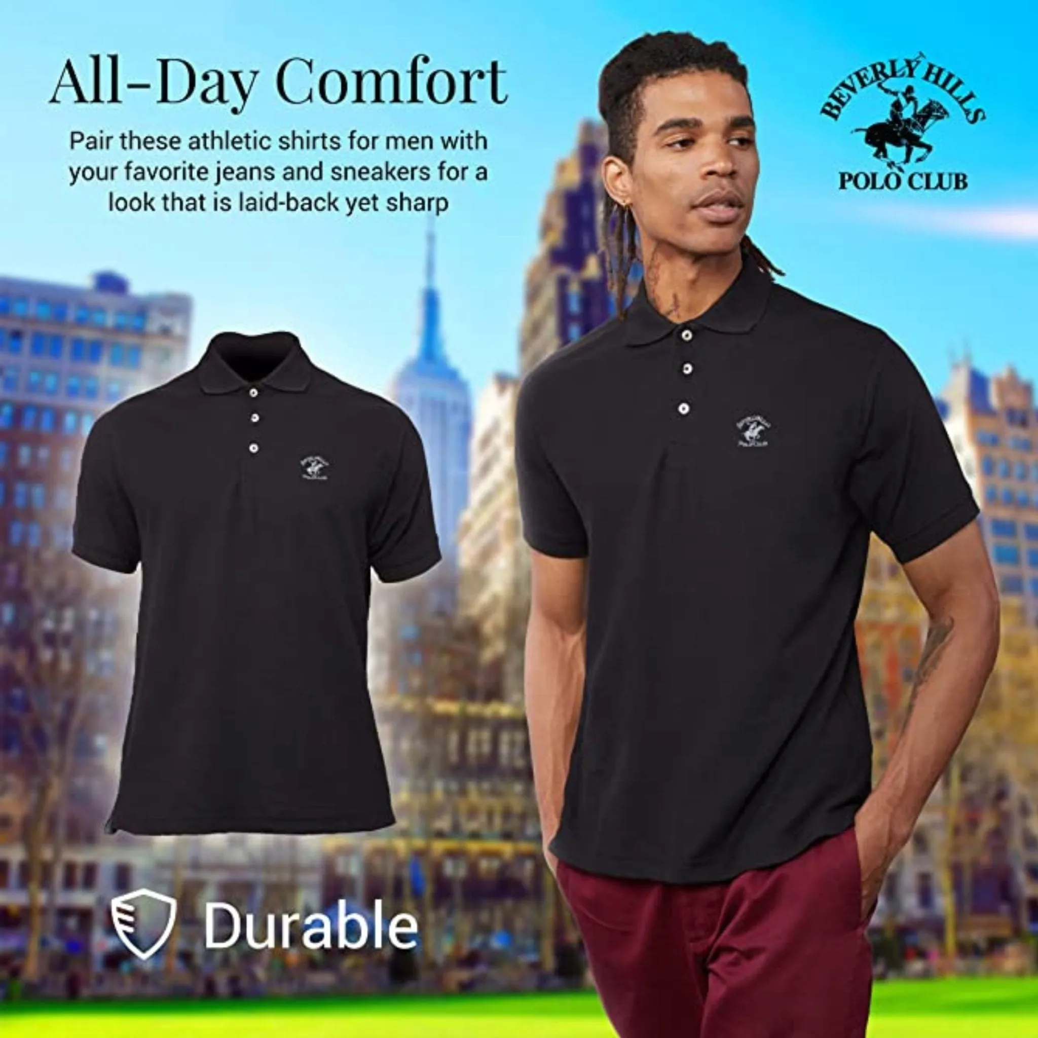 Beverly Hills Polo Shirts for Men – Pique Men Short Sleeve Polo Shirt- Black