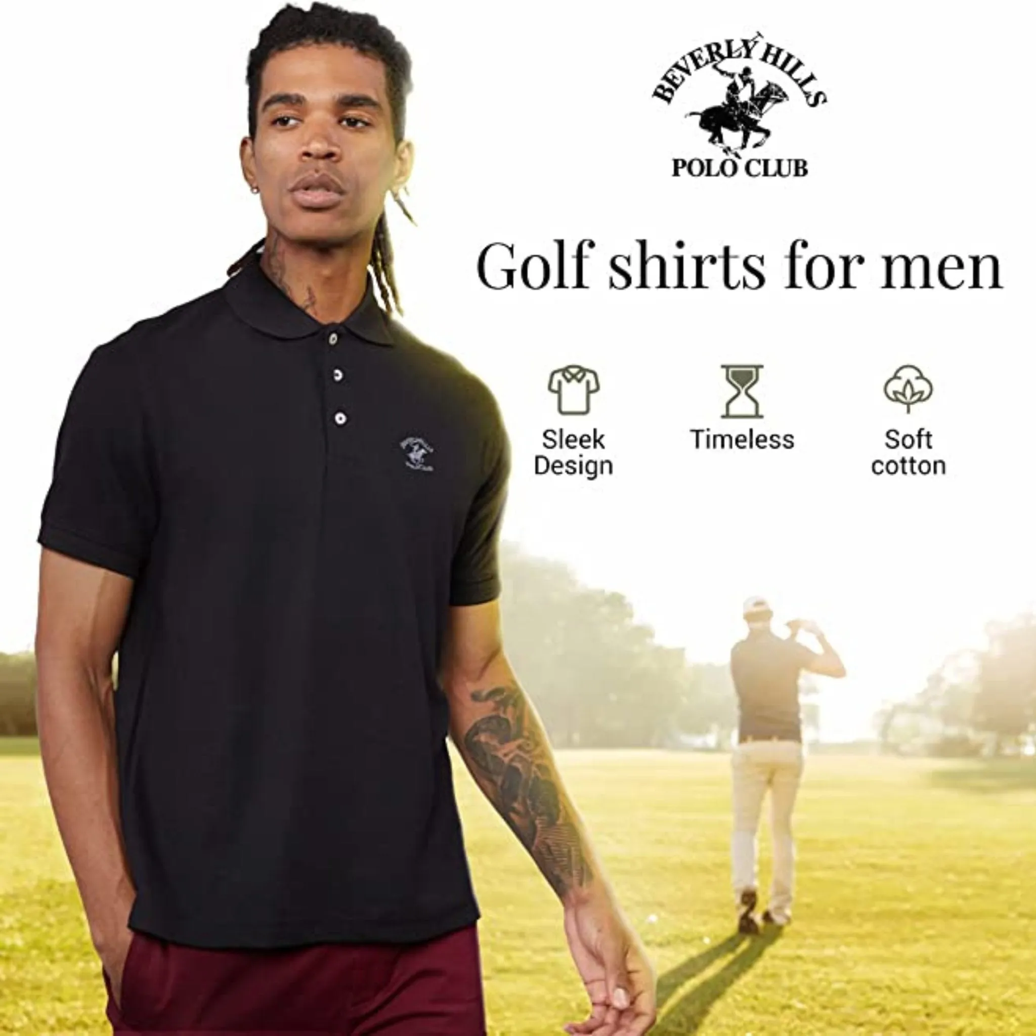 Beverly Hills Polo Shirts for Men – Pique Men Short Sleeve Polo Shirt- Black