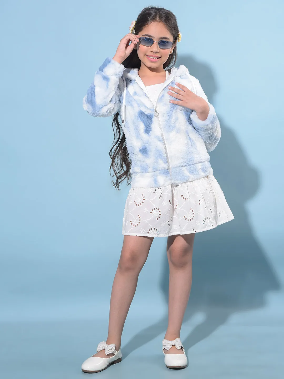 Blue Hooded Fur Jacket