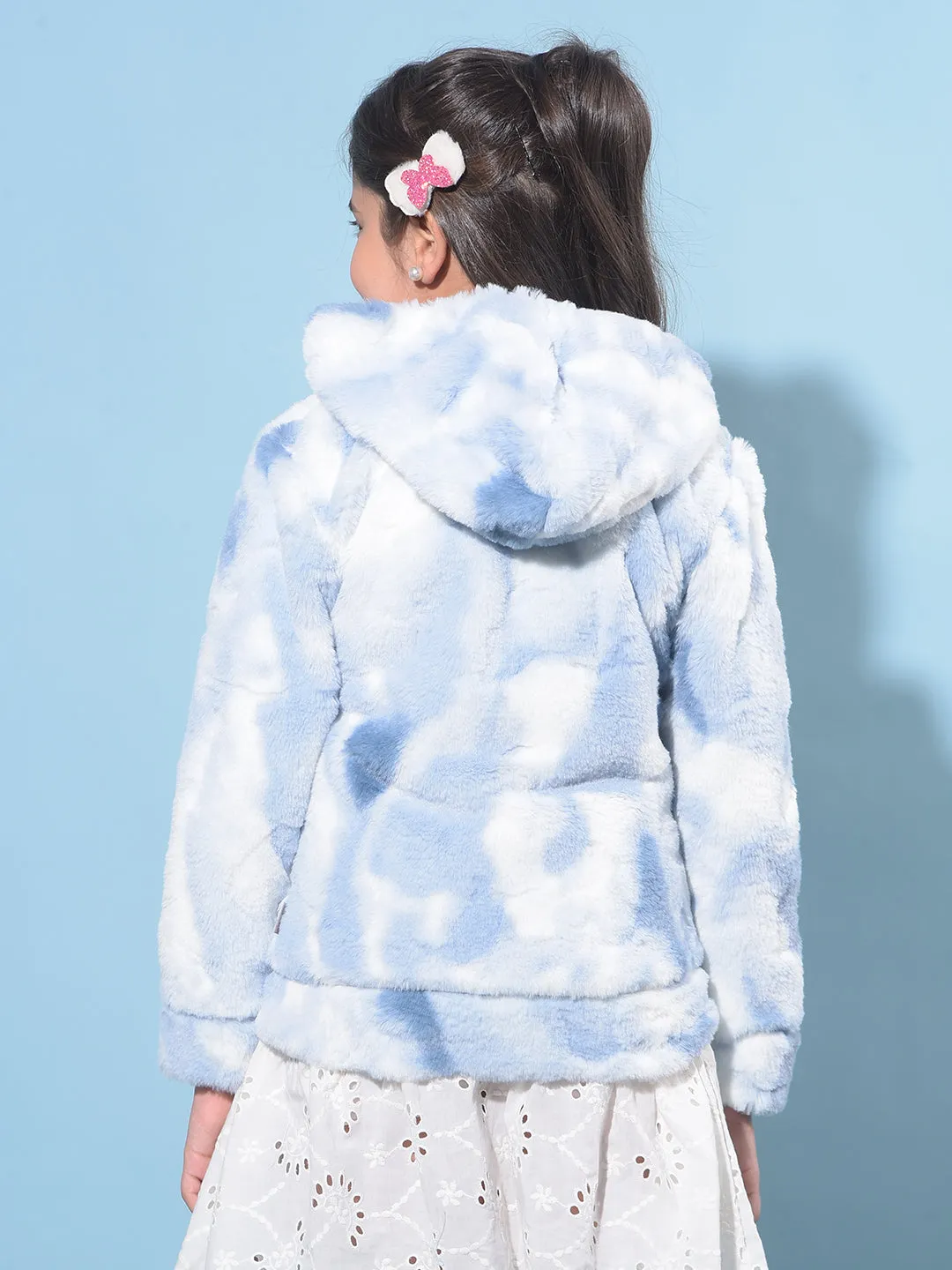 Blue Hooded Fur Jacket