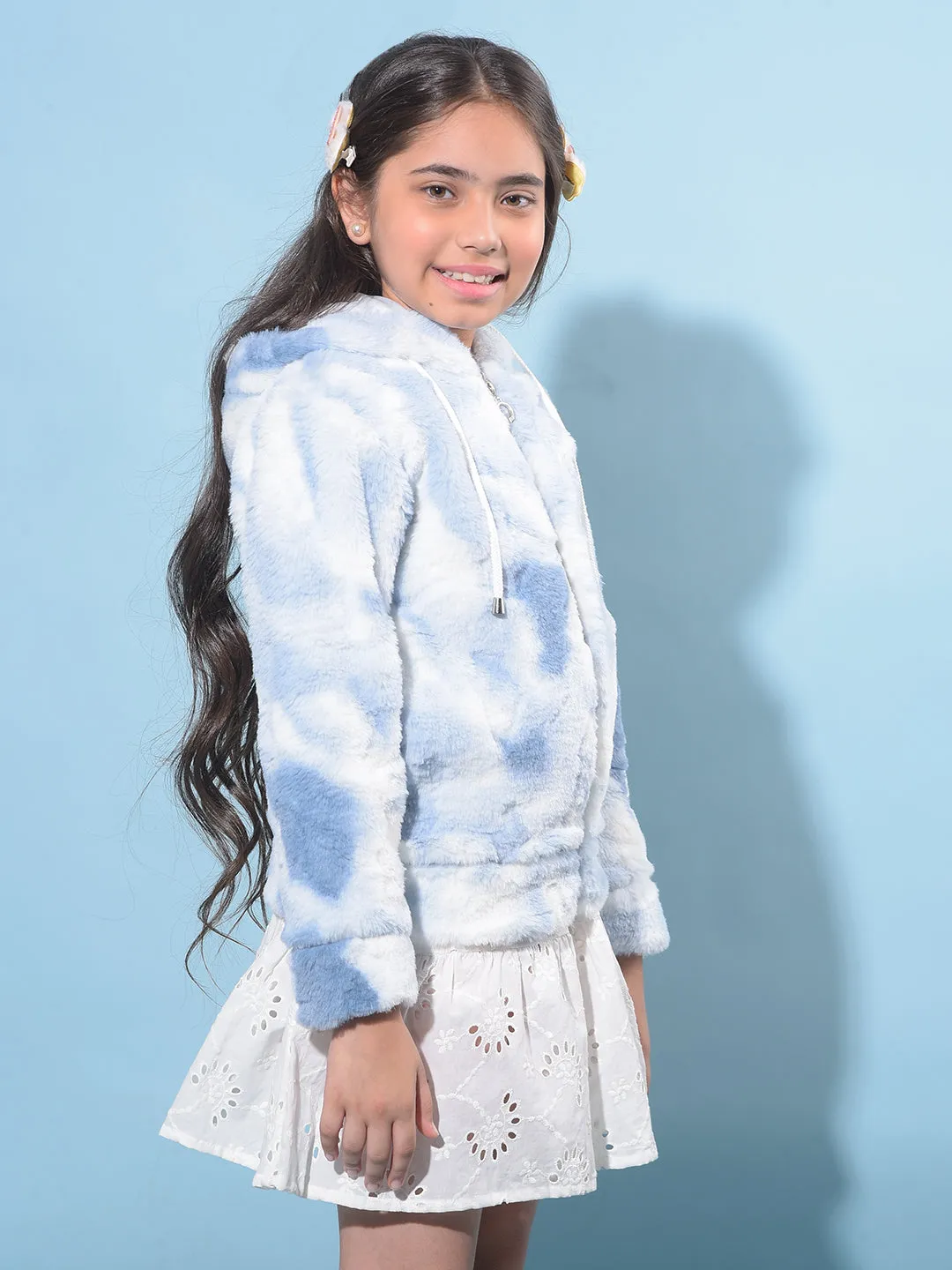 Blue Hooded Fur Jacket