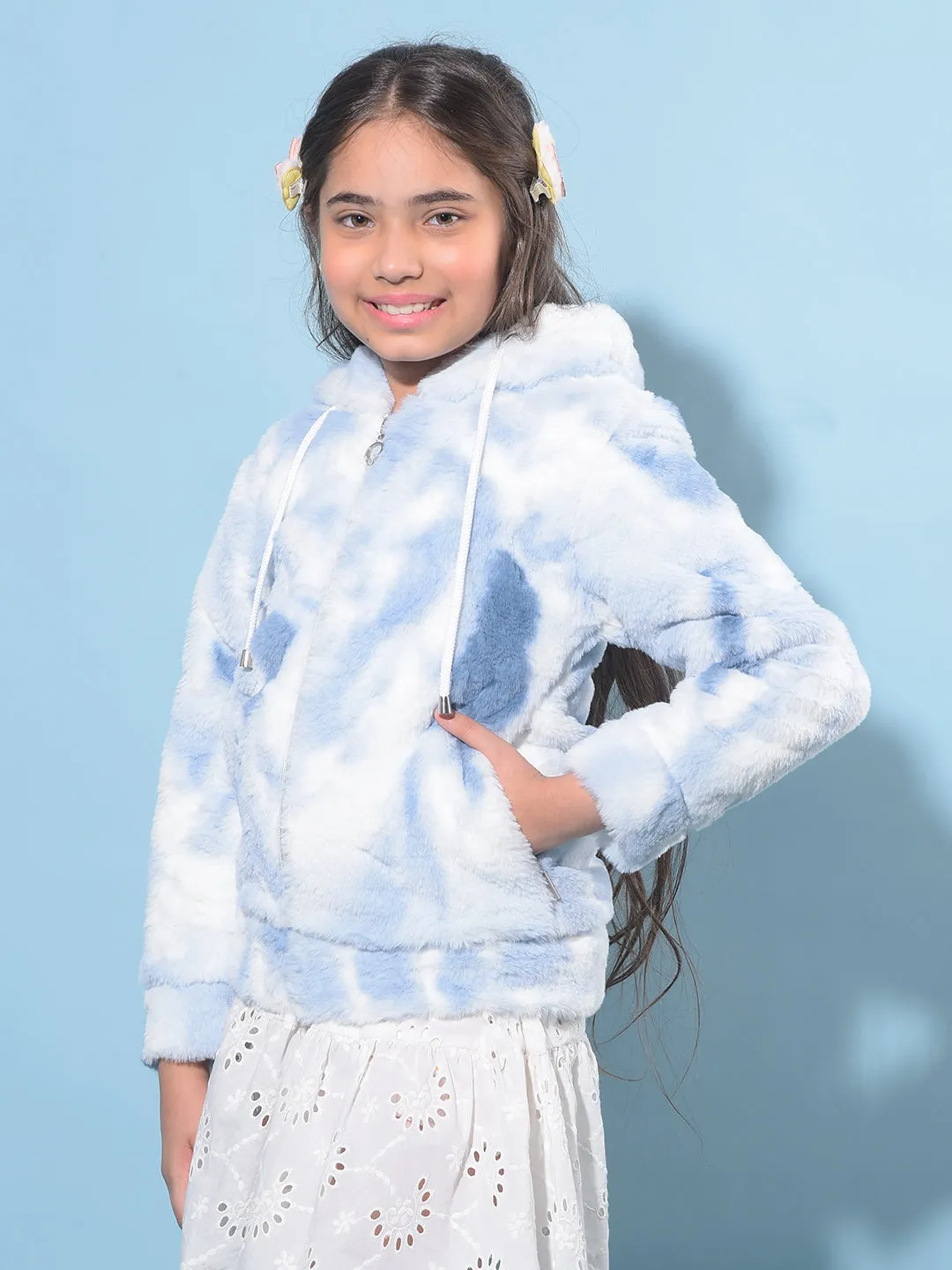 Blue Hooded Fur Jacket