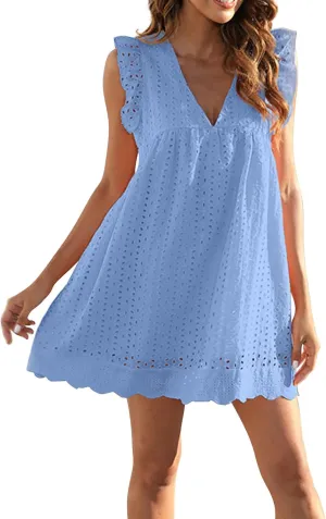 Boho Dresses for Women 2024 V Neck Sleeveless Sun Dress Hollow Out Ruffle Hem Mini Dress Vacation Summer Dresses