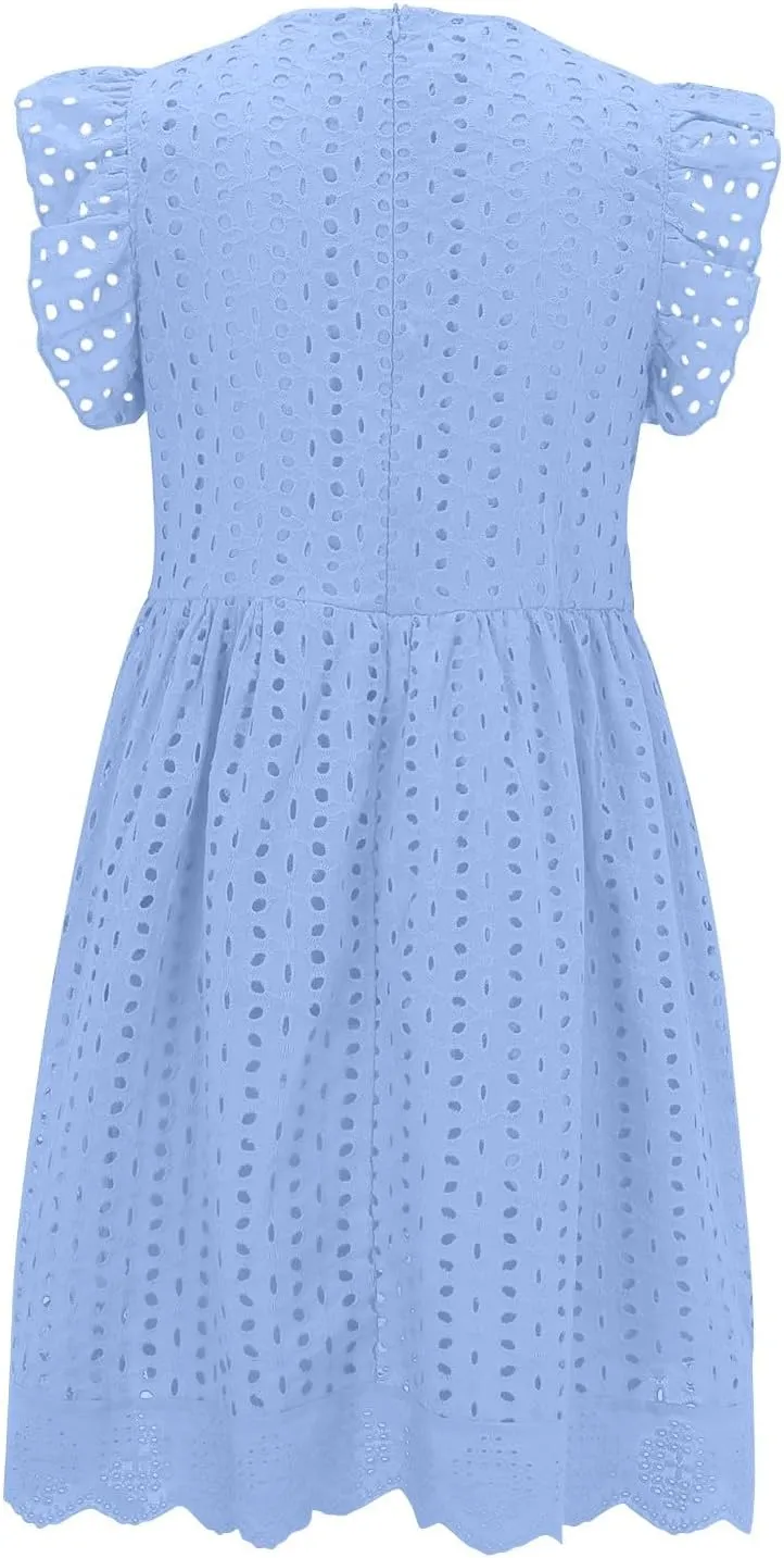 Boho Dresses for Women 2024 V Neck Sleeveless Sun Dress Hollow Out Ruffle Hem Mini Dress Vacation Summer Dresses