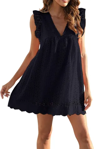 Boho Dresses for Women 2024 V Neck Sleeveless Sun Dress Hollow Out Ruffle Hem Mini Dress Vacation Summer Dresses