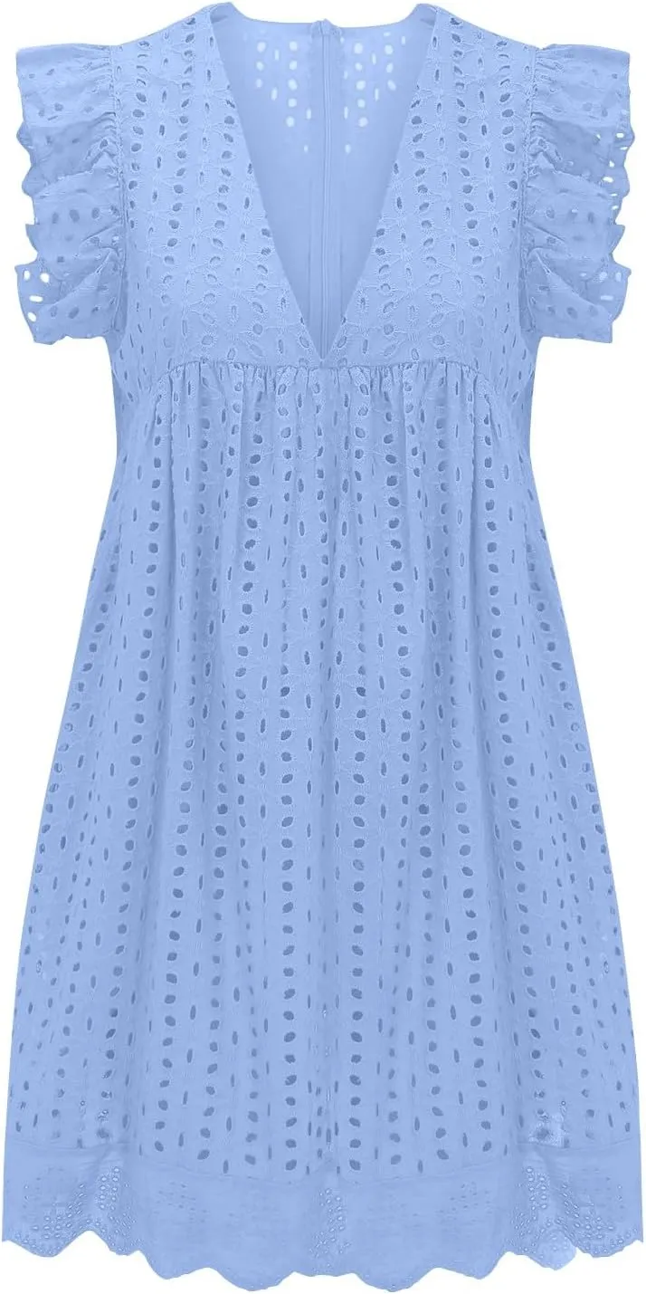 Boho Dresses for Women 2024 V Neck Sleeveless Sun Dress Hollow Out Ruffle Hem Mini Dress Vacation Summer Dresses