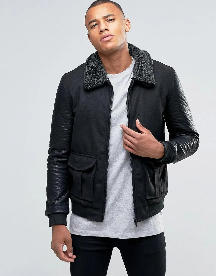 Brave Soul Faux Leather Arm Bomber Jacket