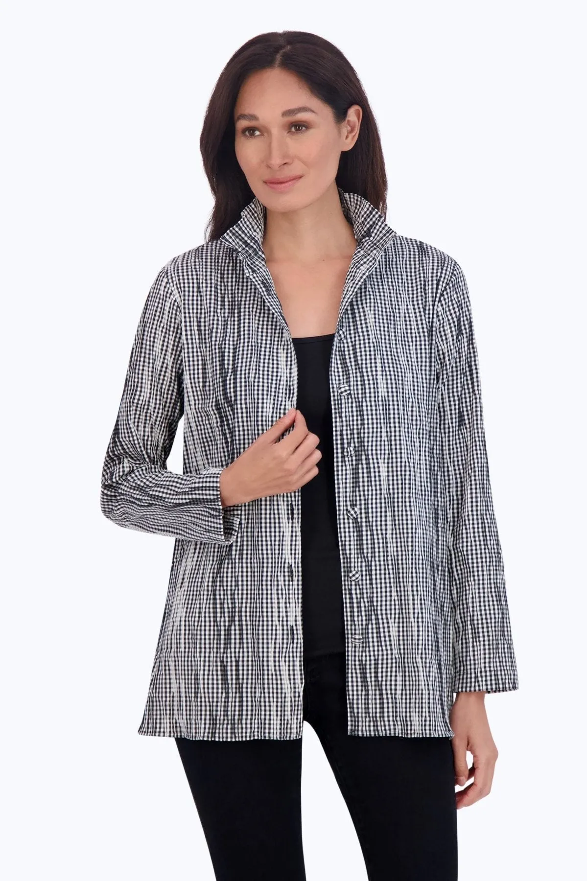 Carolina Womens Mini Gingham Crinkle Shirt Jacket - Stylish and Versatile Layering Piece