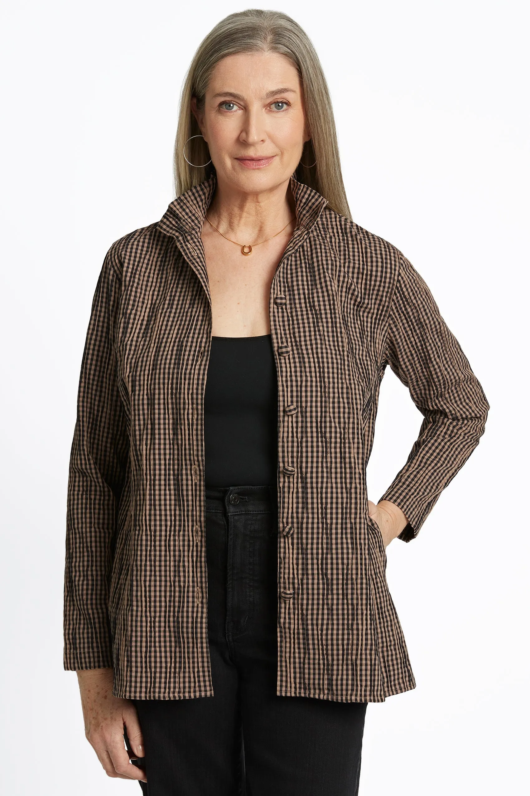 Carolina Womens Mini Gingham Crinkle Shirt Jacket - Stylish and Versatile Layering Piece