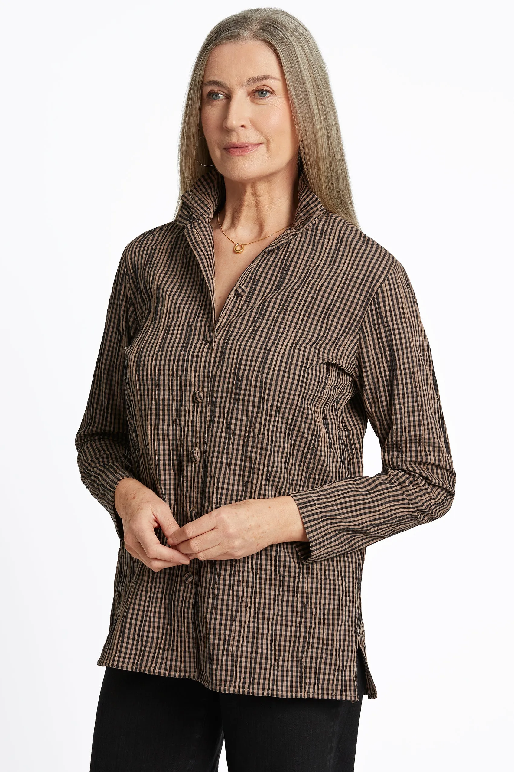 Carolina Womens Mini Gingham Crinkle Shirt Jacket - Stylish and Versatile Layering Piece