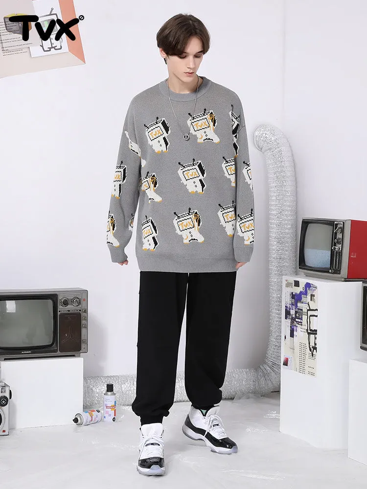 Cartoon TV man jacquard loose shoulder cuff pullover crewneck sweater