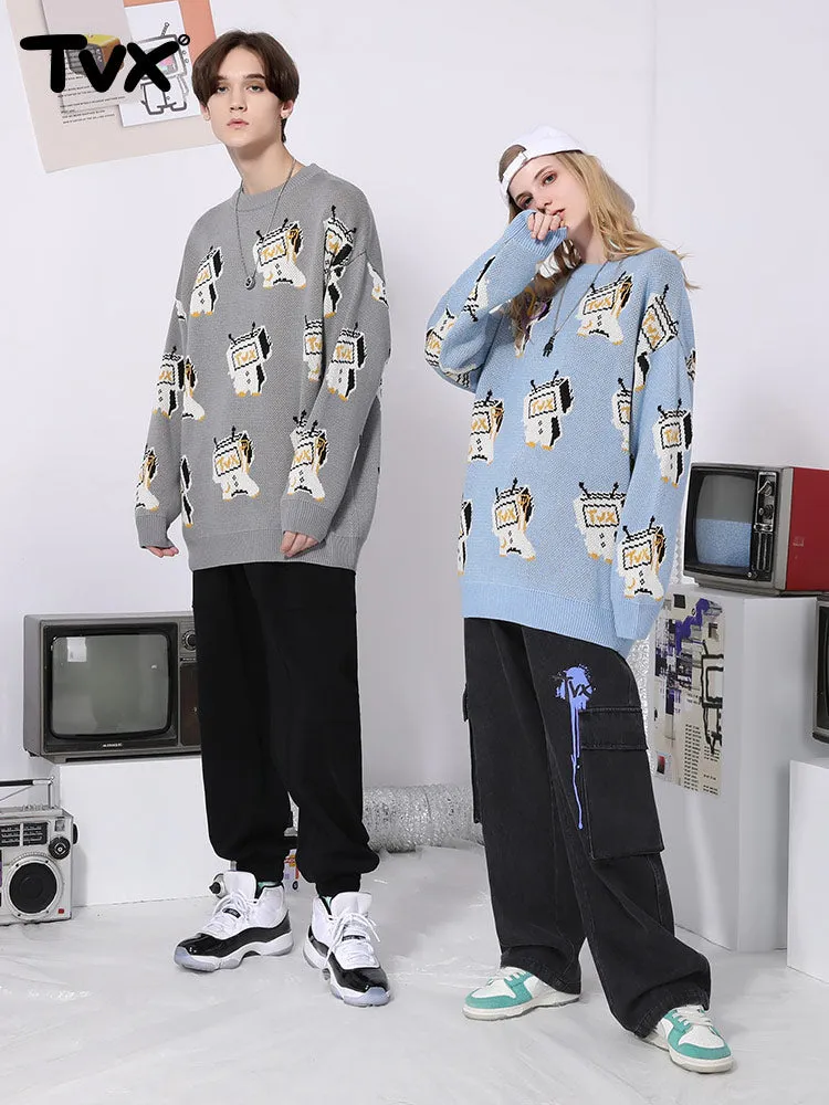 Cartoon TV man jacquard loose shoulder cuff pullover crewneck sweater
