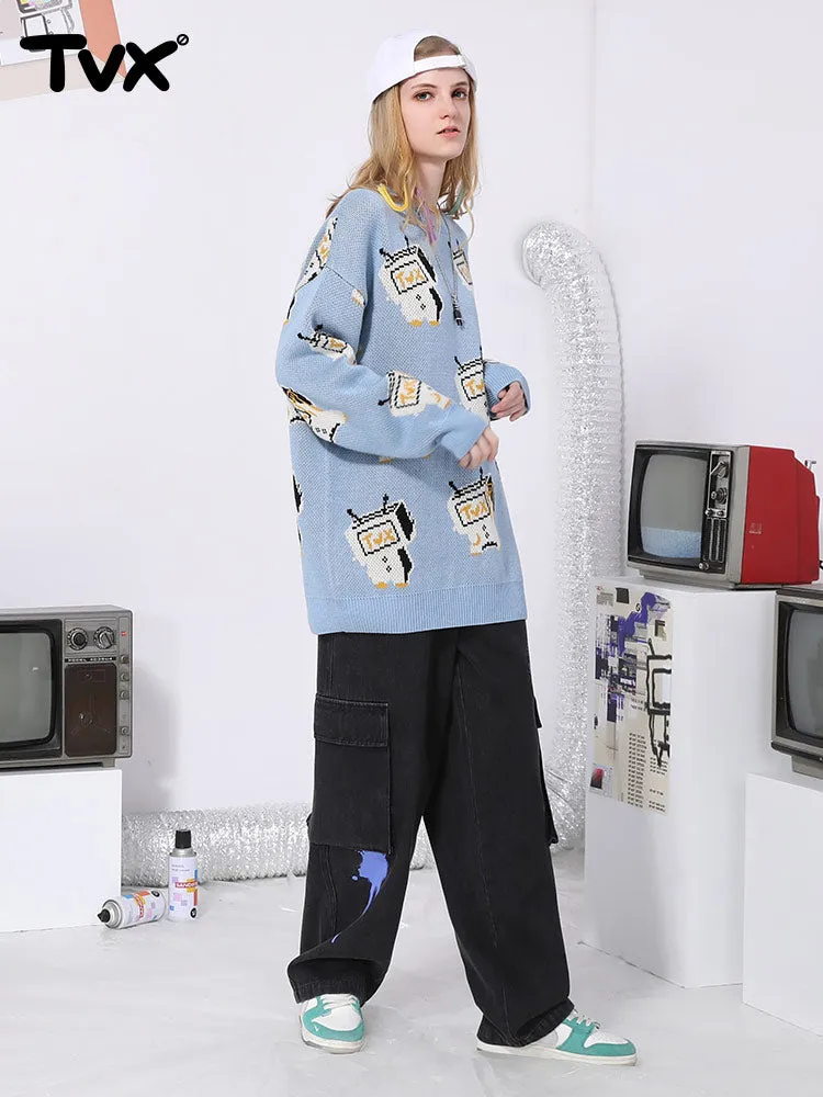 Cartoon TV man jacquard loose shoulder cuff pullover crewneck sweater