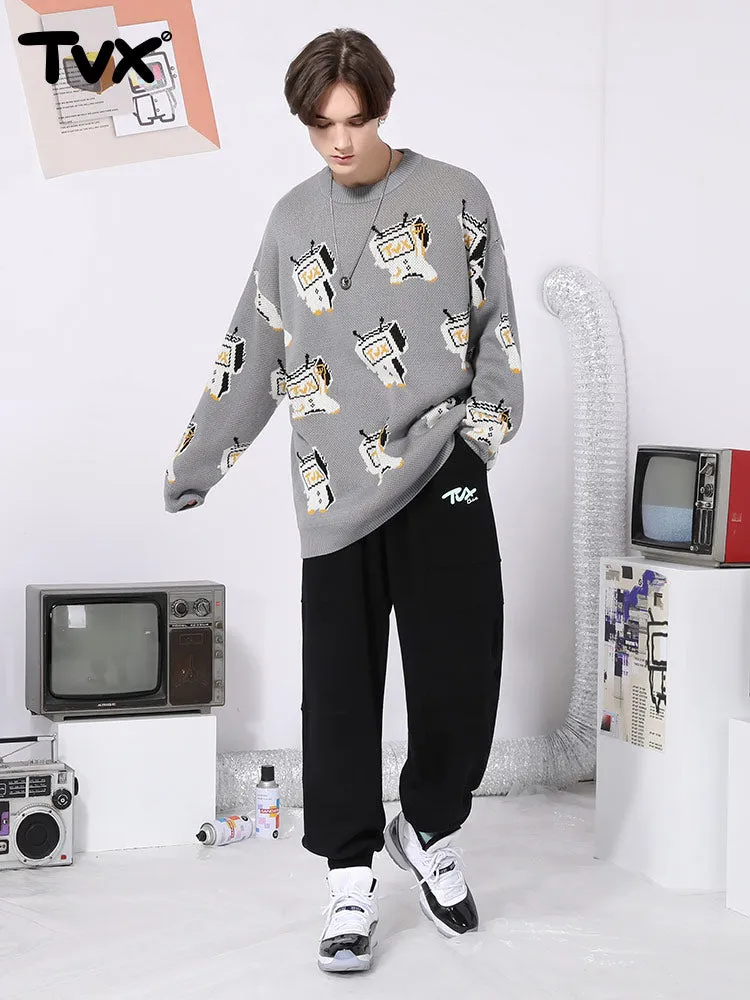 Cartoon TV man jacquard loose shoulder cuff pullover crewneck sweater