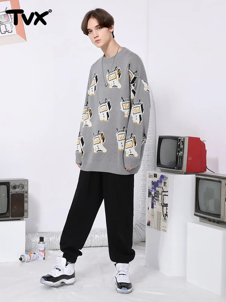 Cartoon TV man jacquard loose shoulder cuff pullover crewneck sweater