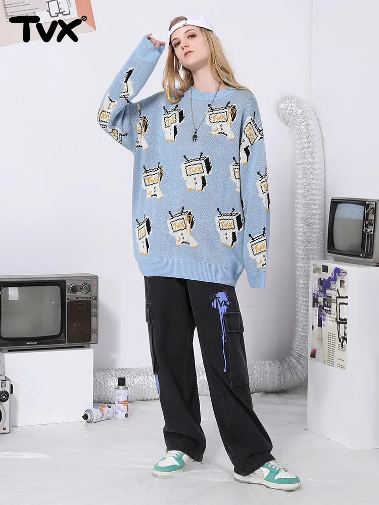 Cartoon TV man jacquard loose shoulder cuff pullover crewneck sweater