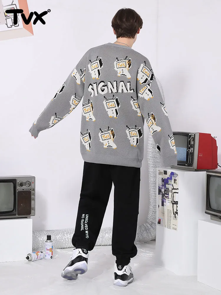 Cartoon TV man jacquard loose shoulder cuff pullover crewneck sweater