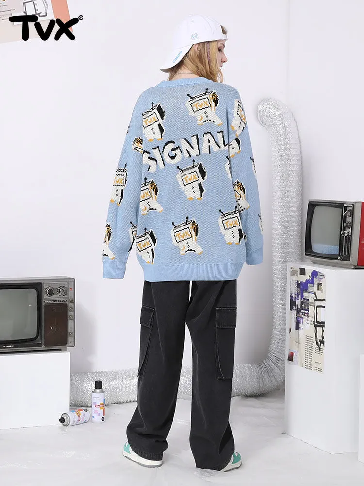 Cartoon TV man jacquard loose shoulder cuff pullover crewneck sweater