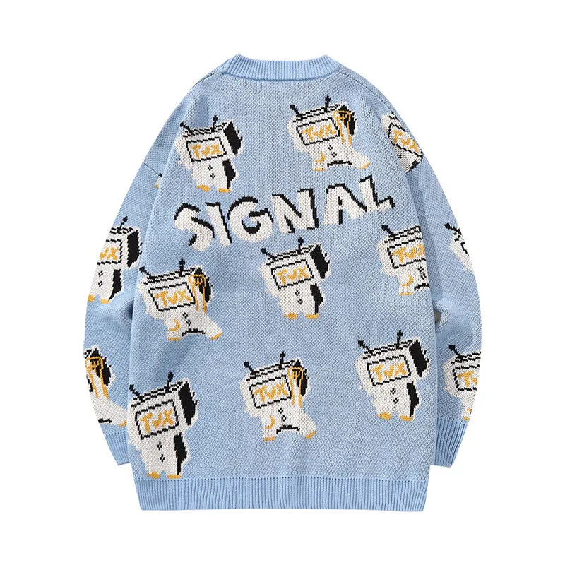 Cartoon TV man jacquard loose shoulder cuff pullover crewneck sweater