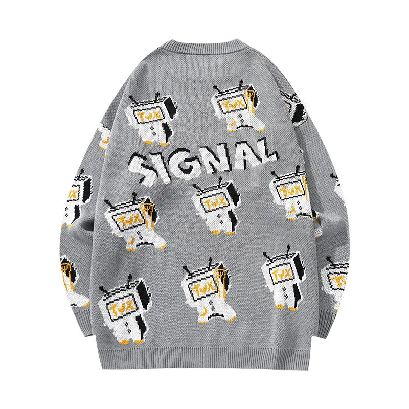Cartoon TV man jacquard loose shoulder cuff pullover crewneck sweater