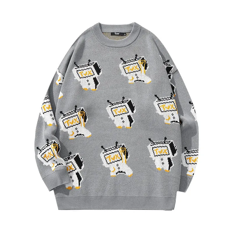 Cartoon TV man jacquard loose shoulder cuff pullover crewneck sweater