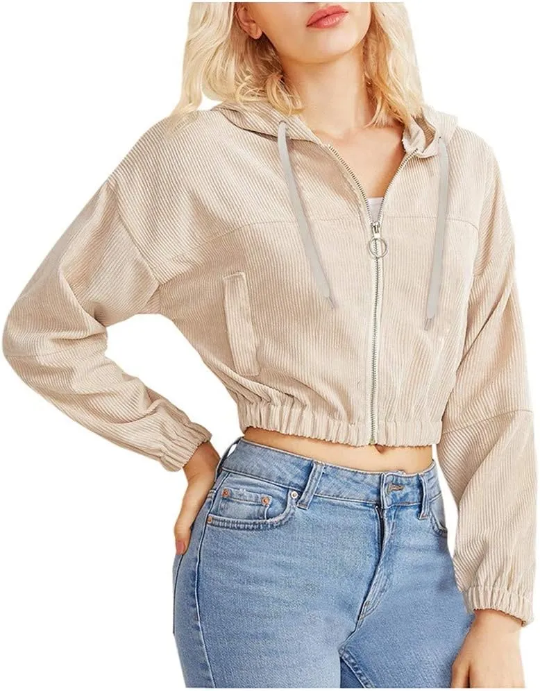 Casual Cropped Hoodies for Women Cute Crop Top Y2K Long Sleeve Sweatshirts Breathable Drawstring Teen Girls Clothes