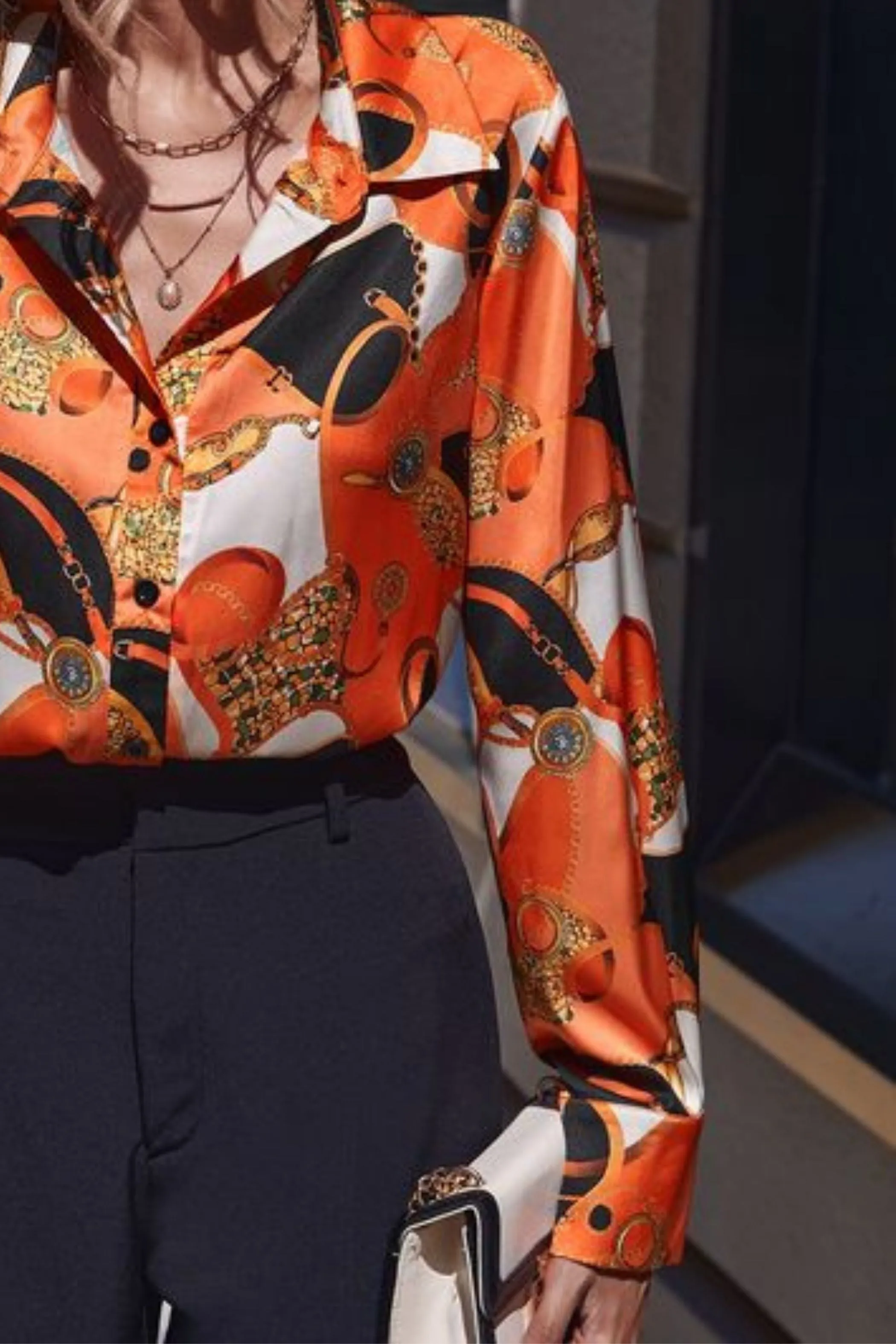 CHAIN BLOCK ORANGE SATN SHIRT